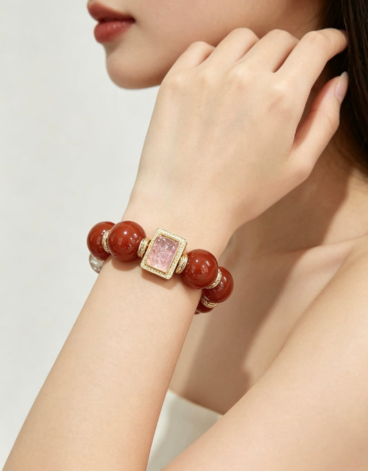 Natural Red Agate Bracelet with Clear Quartz & Carved Rose Quartz, Gold Vintage Spacers, Grounding Energy Healing Crystal Jewelry for Women Daily Wear & Gift