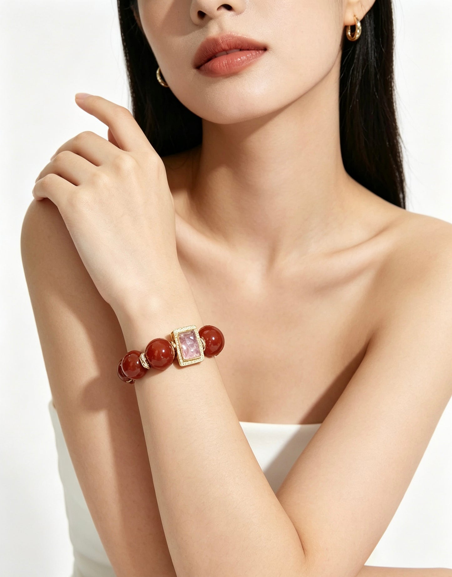 Natural Red Agate Bracelet with Clear Quartz & Carved Rose Quartz, Gold Vintage Spacers, Grounding Energy Healing Crystal Jewelry for Women Daily Wear & Gift