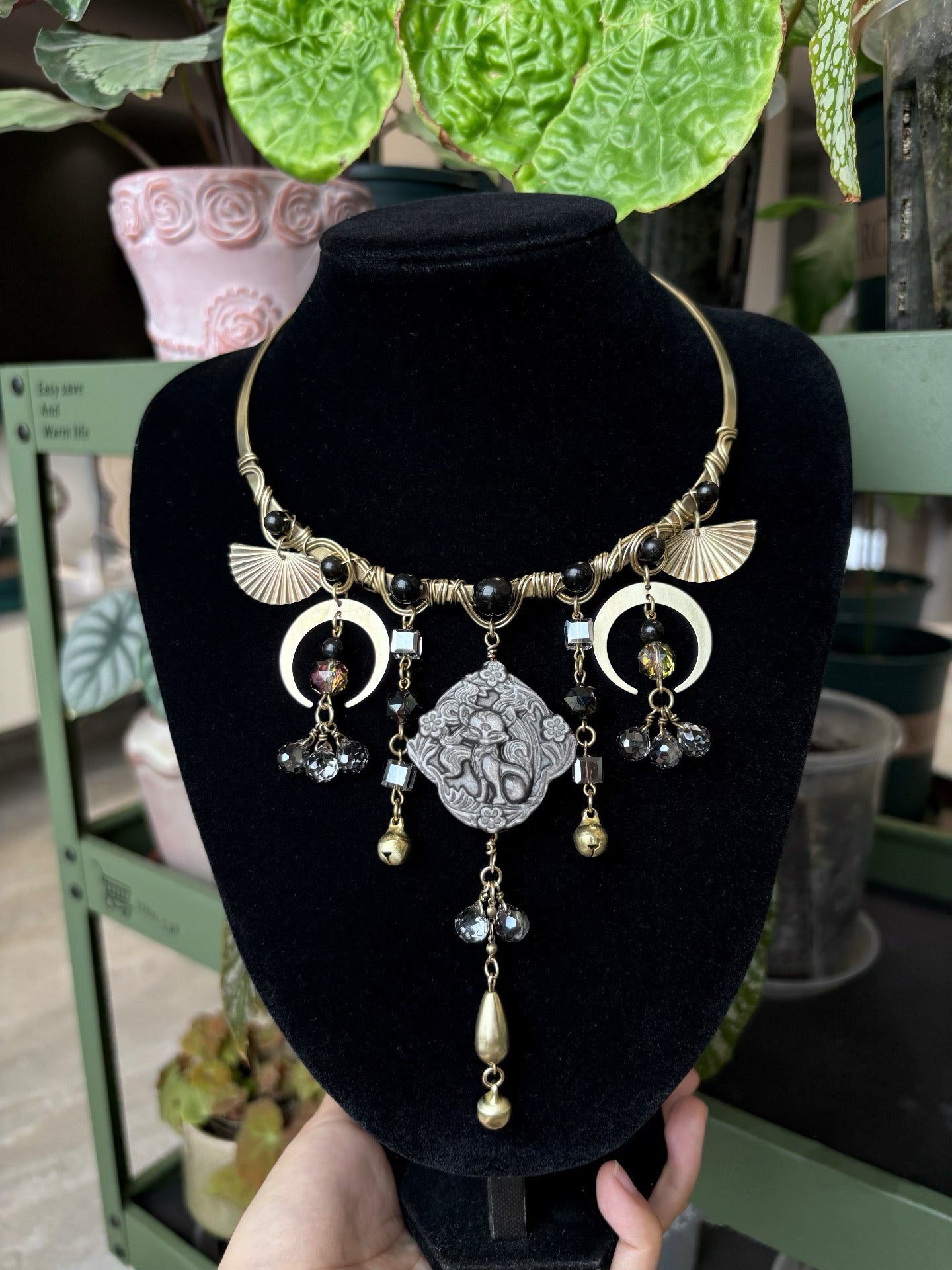 Gothic Nine-Tailed Fox Moon Tassel Choker Necklace, Vintage Crystal Bell Pendant, Dark Witchy Boho Handmade Statement Jewelry for Women