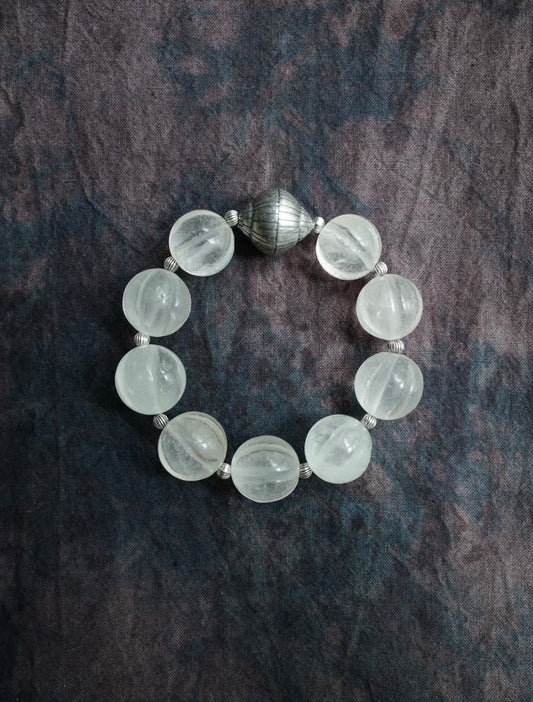 Silver Nepalese White Crystal Melon Beads Clear Quartz