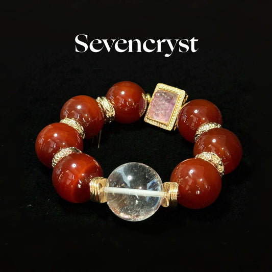 Natural Red Agate Bracelet with Clear Quartz & Carved Rose Quartz, Gold Vintage Spacers, Grounding Energy Healing Crystal Jewelry for Women Daily Wear & Gift