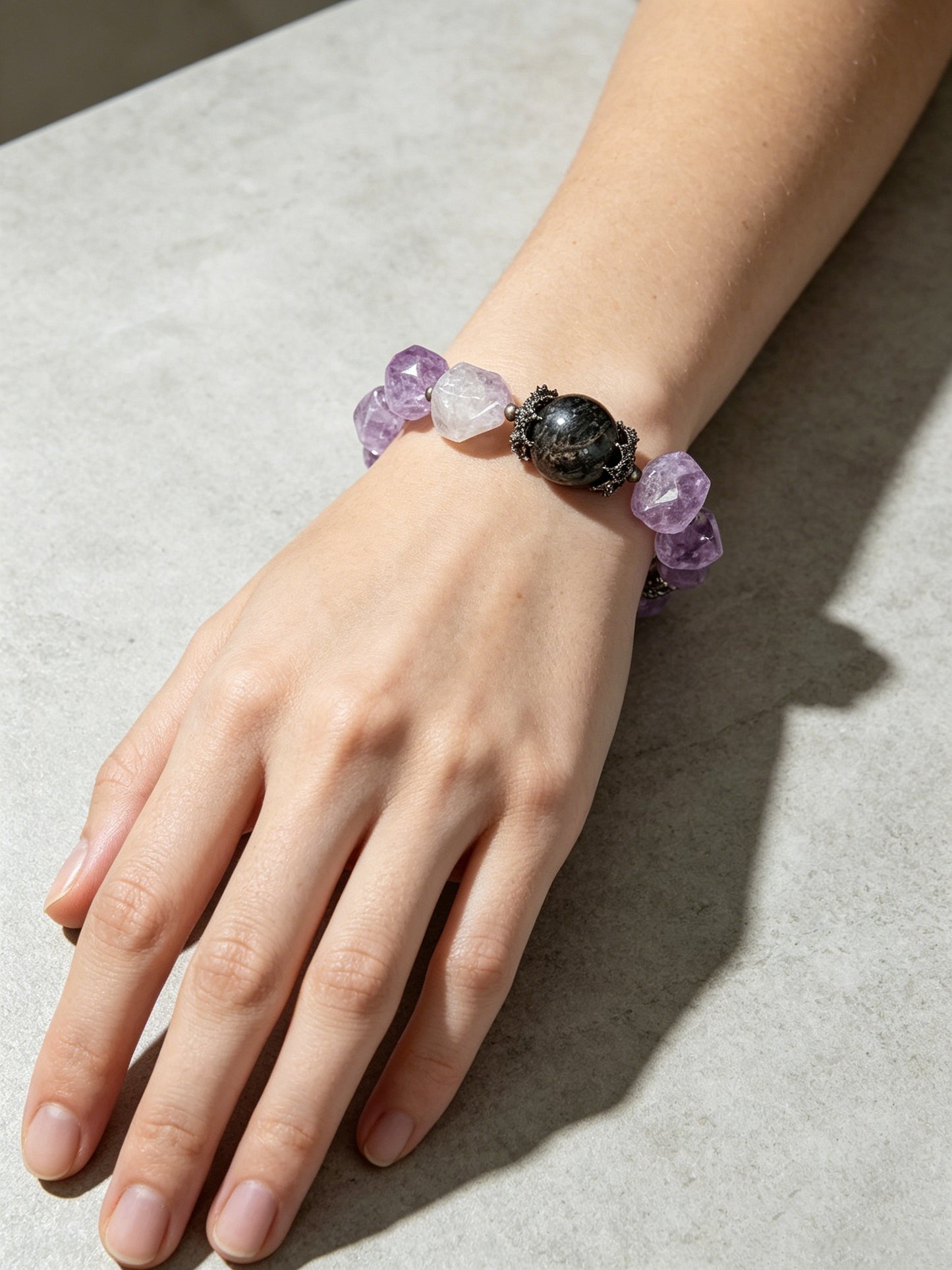 Natural Raw Cut Amethyst Black Tourmaline Healing Bracelet Vintage Silver Crystal Energy Jewelry Unisex Boho Bracelet