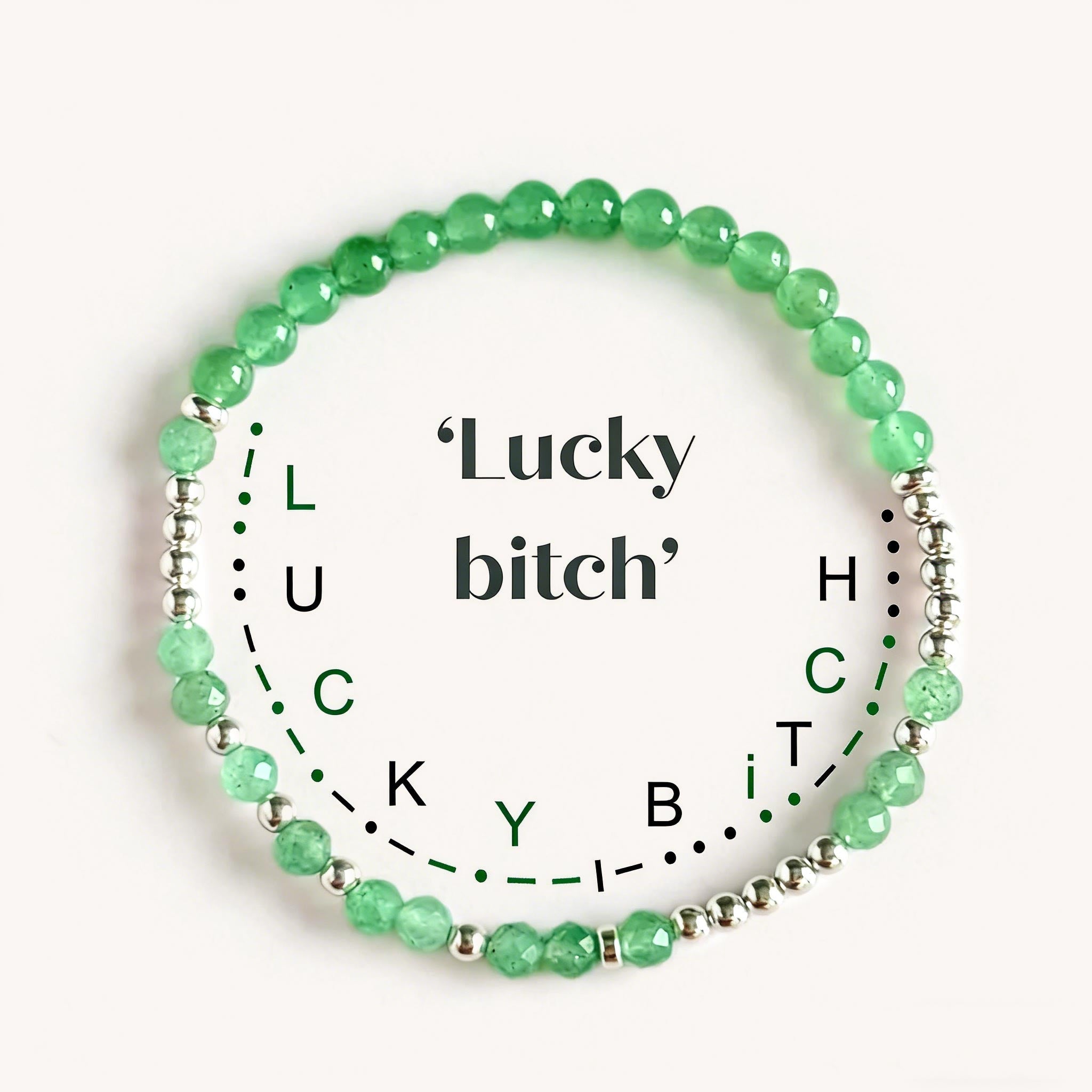 'Lucky Bitch' Green Aventurine Morse Code Bracelet