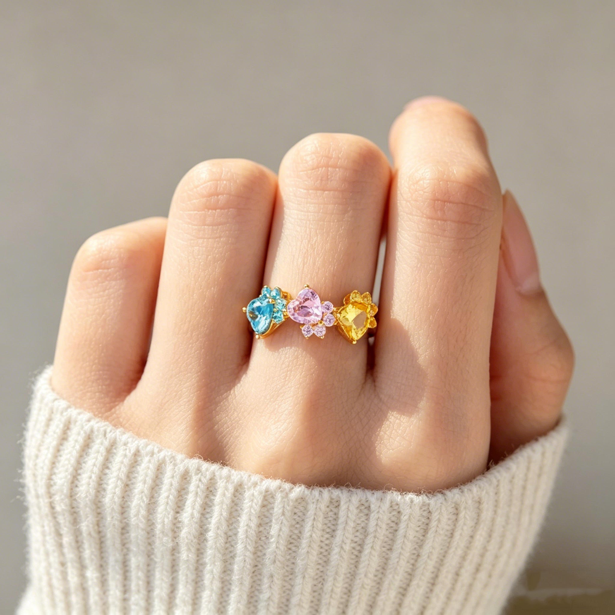 Custom Dog Paws Birthstones Adjustable Ring