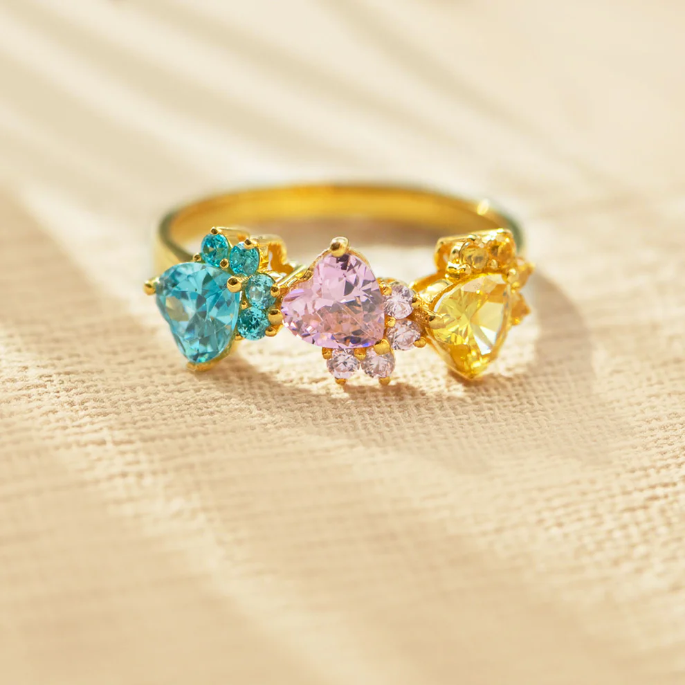 Custom Dog Paws Birthstones Adjustable Ring