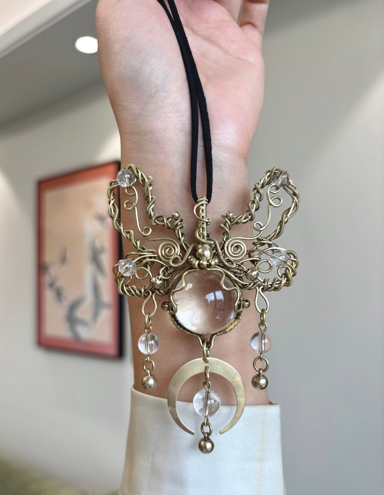 Brass Himalayan crystal vintage wire-wrapped pendant necklace