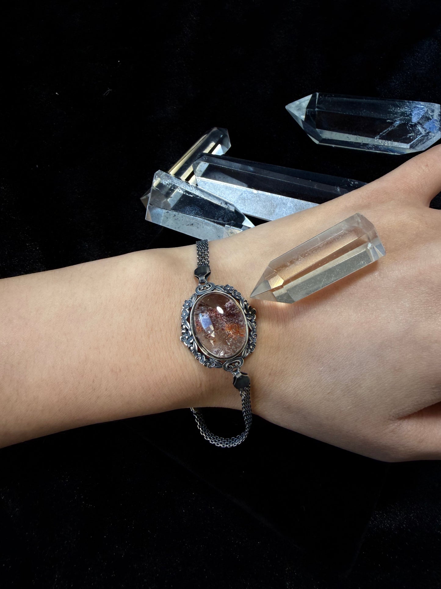 Adjustable Silver‑Set Phantom Quartz Bracelet