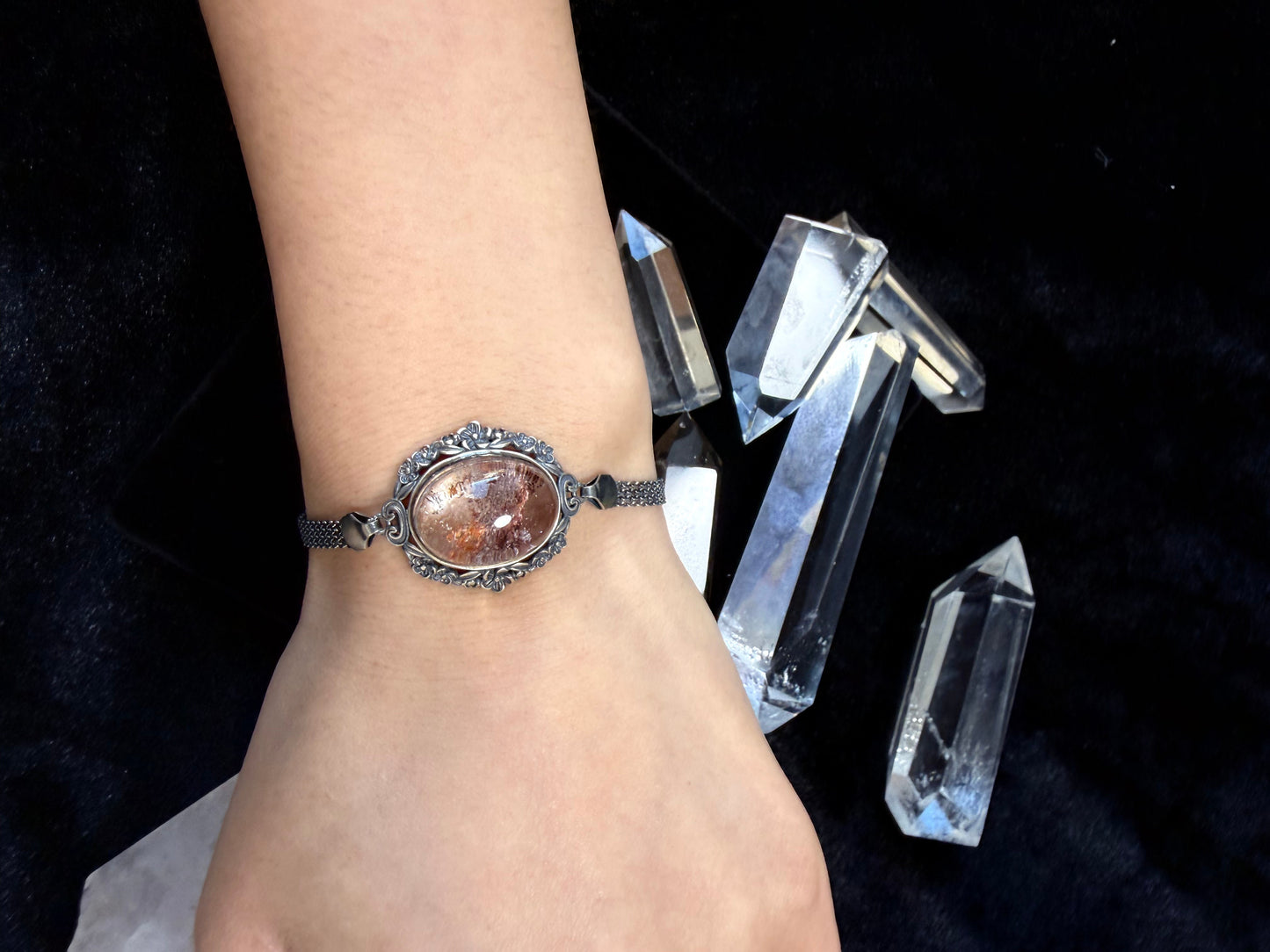 Adjustable Silver‑Set Phantom Quartz Bracelet
