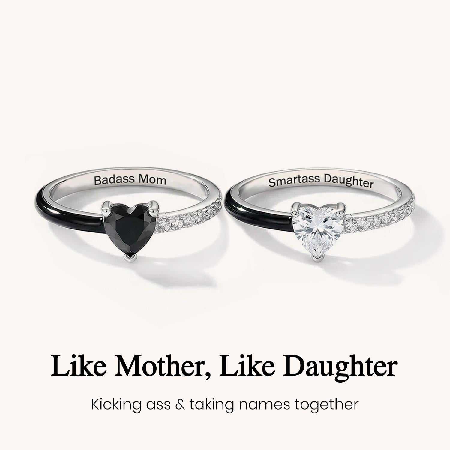 Like Mother Like Daughter Matching Black Enamel Heart Rings
