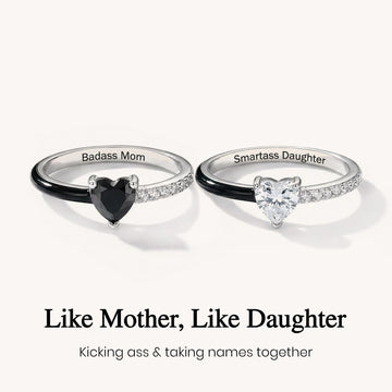 Like Mother Like Daughter Matching Black Enamel Heart Rings