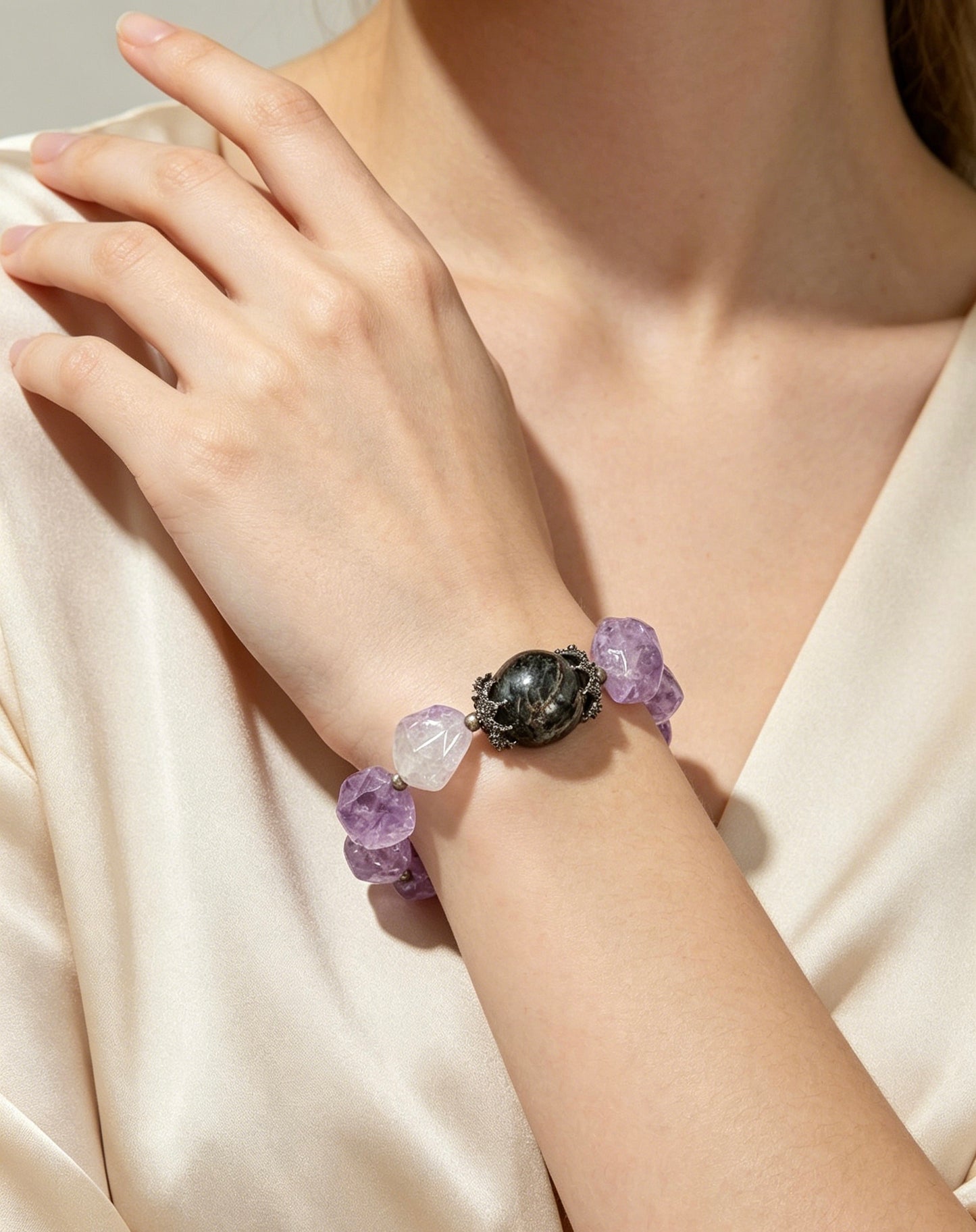 Natural Raw Cut Amethyst Black Tourmaline Healing Bracelet Vintage Silver Crystal Energy Jewelry Unisex Boho Bracelet