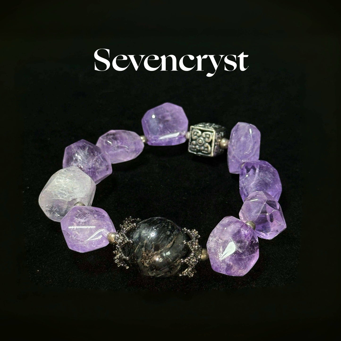 Natural Raw Cut Amethyst Black Tourmaline Healing Bracelet Vintage Silver Crystal Energy Jewelry Unisex Boho Bracelet