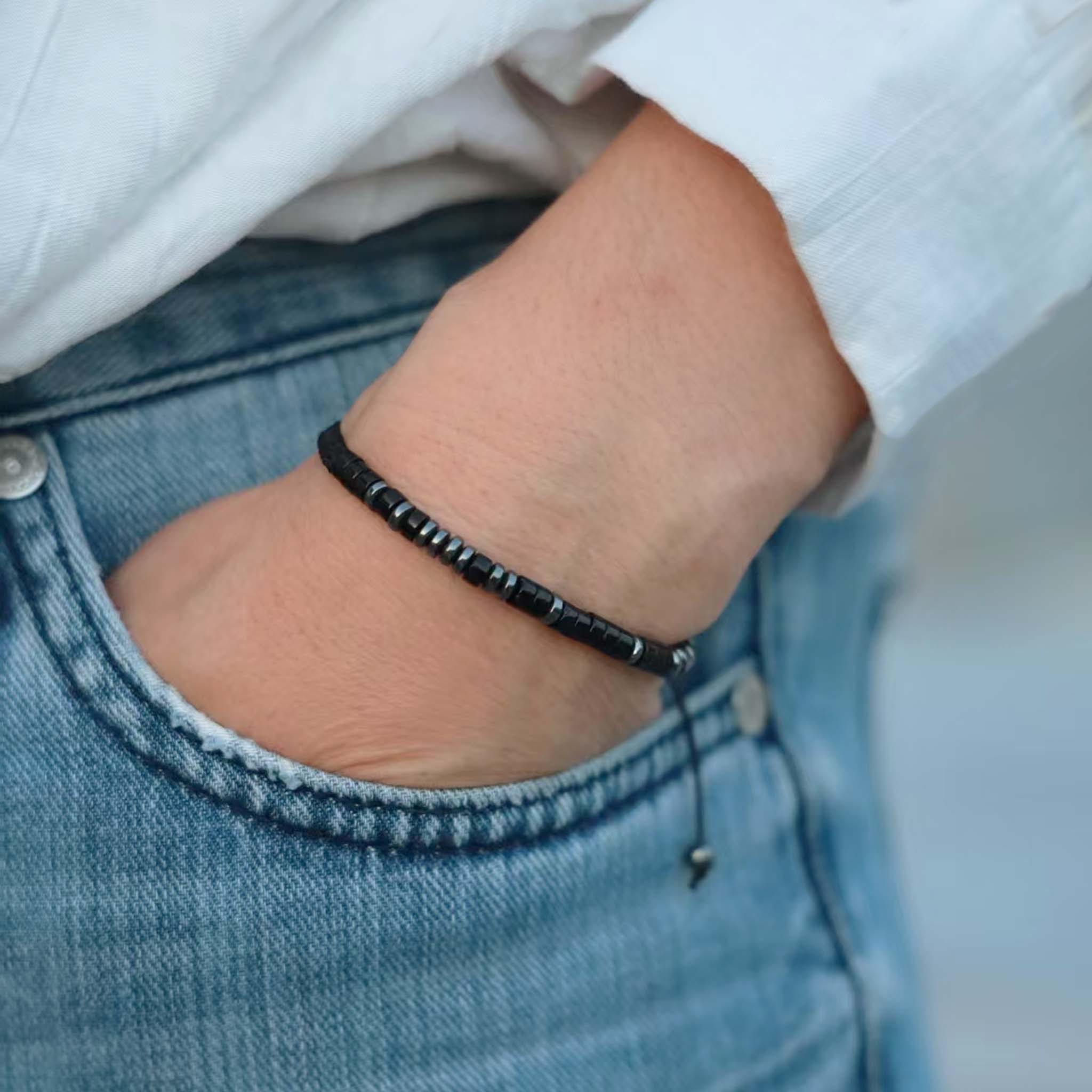 Obsidian 'Strong as Fuck' Morse Code Bracelet