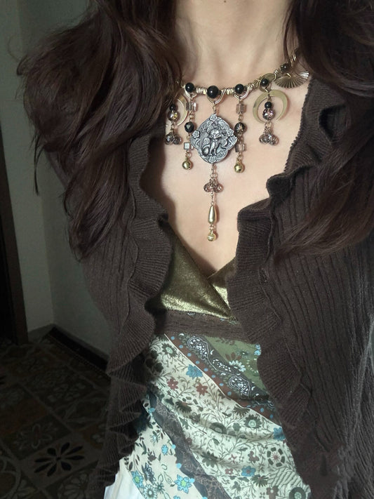 Gothic Nine-Tailed Fox Moon Tassel Choker Necklace, Vintage Crystal Bell Pendant, Dark Witchy Boho Handmade Statement Jewelry for Women