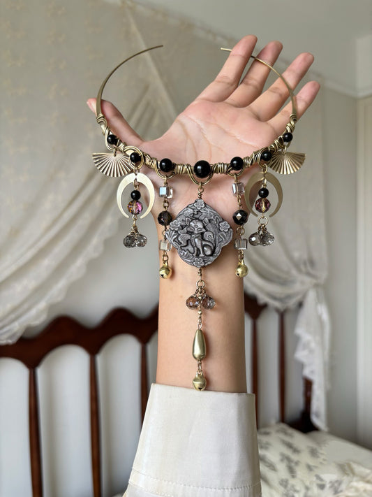 Gothic Nine-Tailed Fox Moon Tassel Choker Necklace, Vintage Crystal Bell Pendant, Dark Witchy Boho Handmade Statement Jewelry for Women