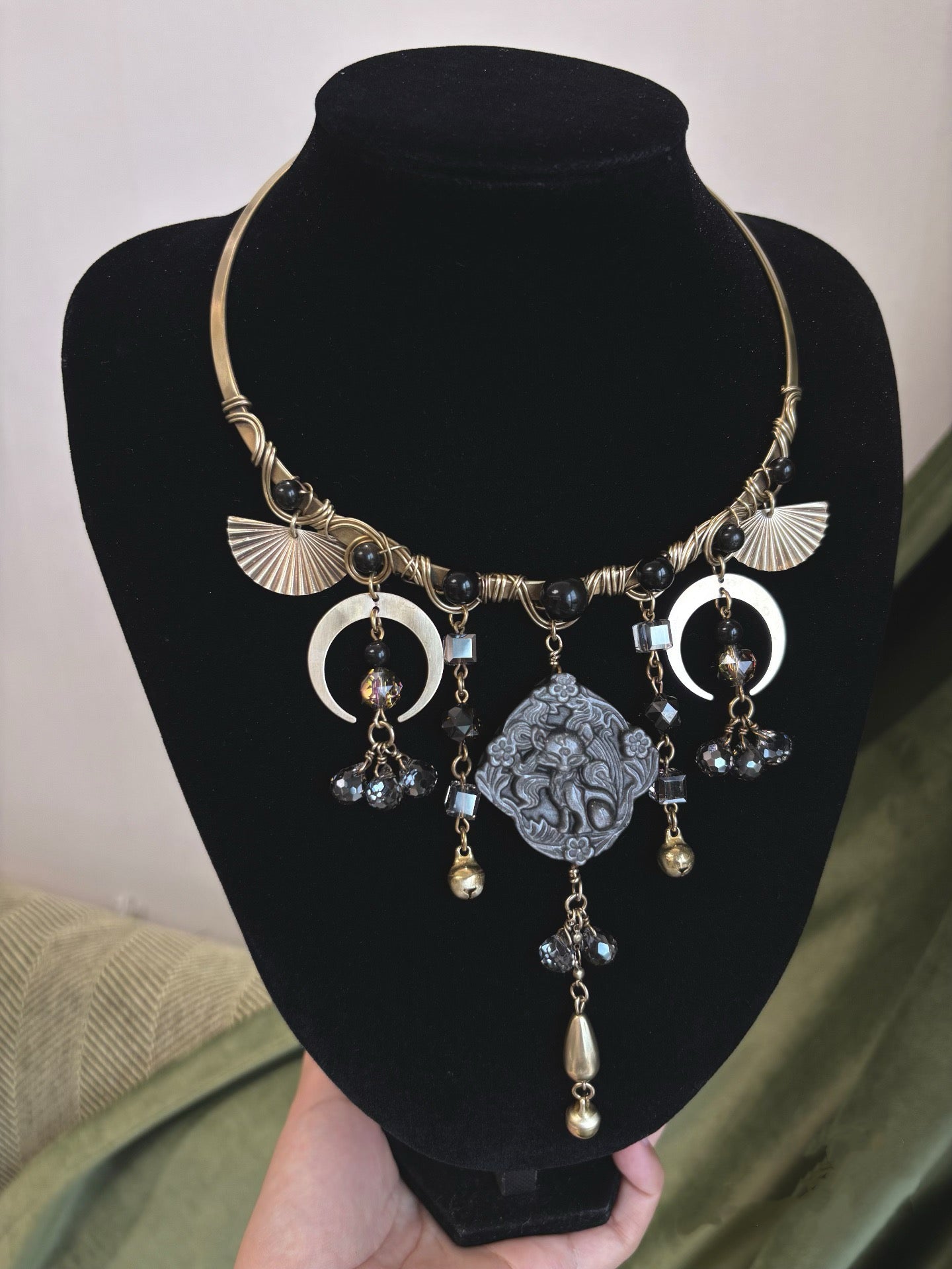Gothic Nine-Tailed Fox Moon Tassel Choker Necklace, Vintage Crystal Bell Pendant, Dark Witchy Boho Handmade Statement Jewelry for Women