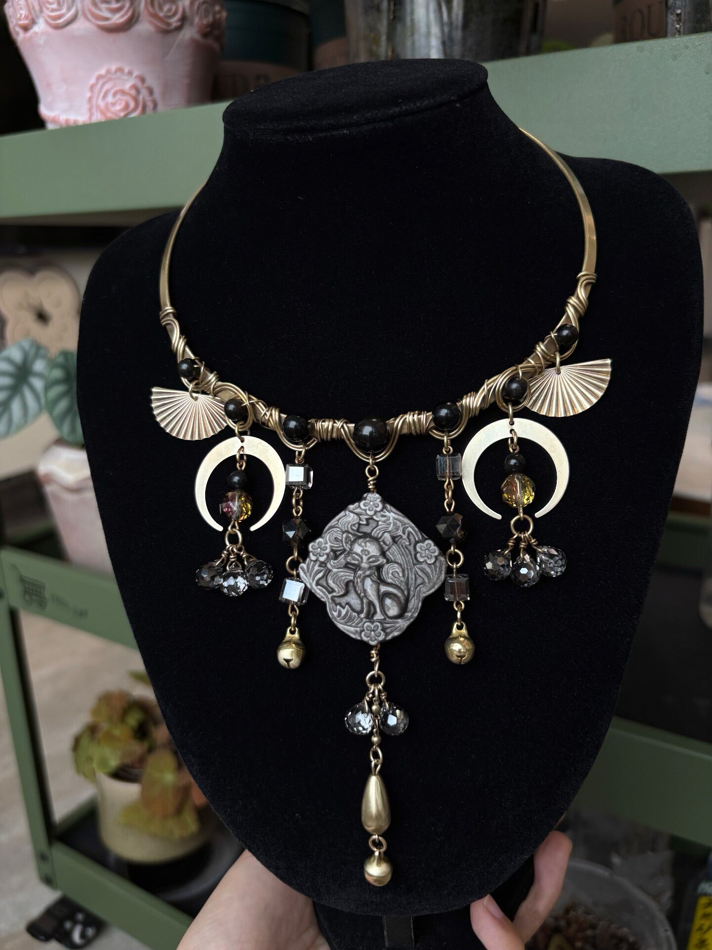 Gothic Nine-Tailed Fox Moon Tassel Choker Necklace, Vintage Crystal Bell Pendant, Dark Witchy Boho Handmade Statement Jewelry for Women