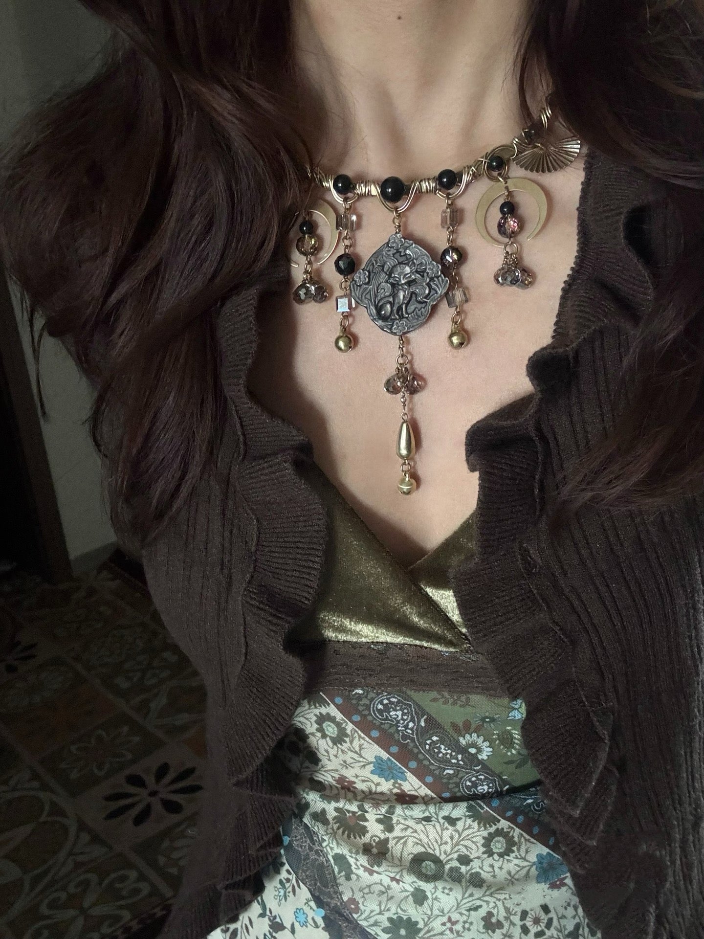 Gothic Nine-Tailed Fox Moon Tassel Choker Necklace, Vintage Crystal Bell Pendant, Dark Witchy Boho Handmade Statement Jewelry for Women