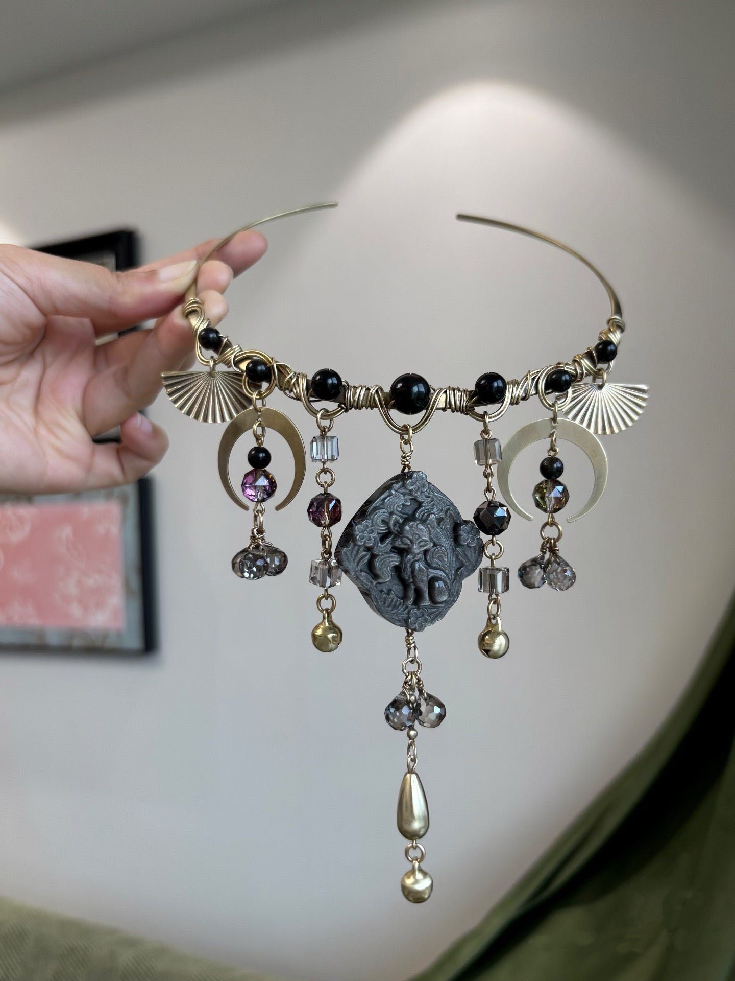 Gothic Nine-Tailed Fox Moon Tassel Choker Necklace, Vintage Crystal Bell Pendant, Dark Witchy Boho Handmade Statement Jewelry for Women